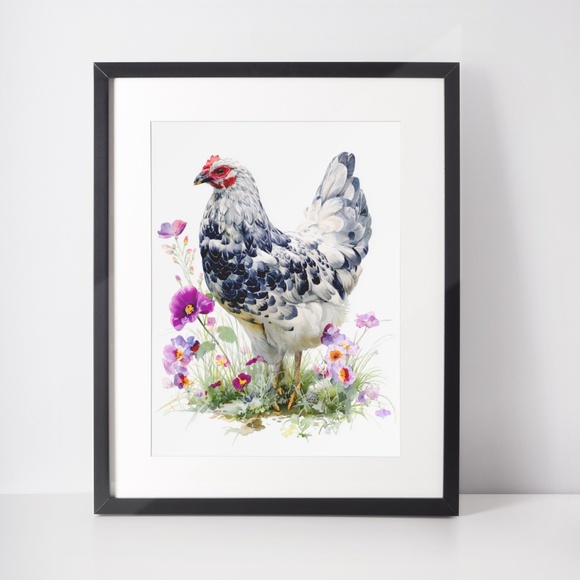 Watercolor Speckled Hen with Flowers Portrait Wall Art Print Poster, Unframed - Picture 3 of 6